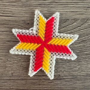 Vintage Handmade Yarn Red and Yellow Star Christmas Holiday Ornament